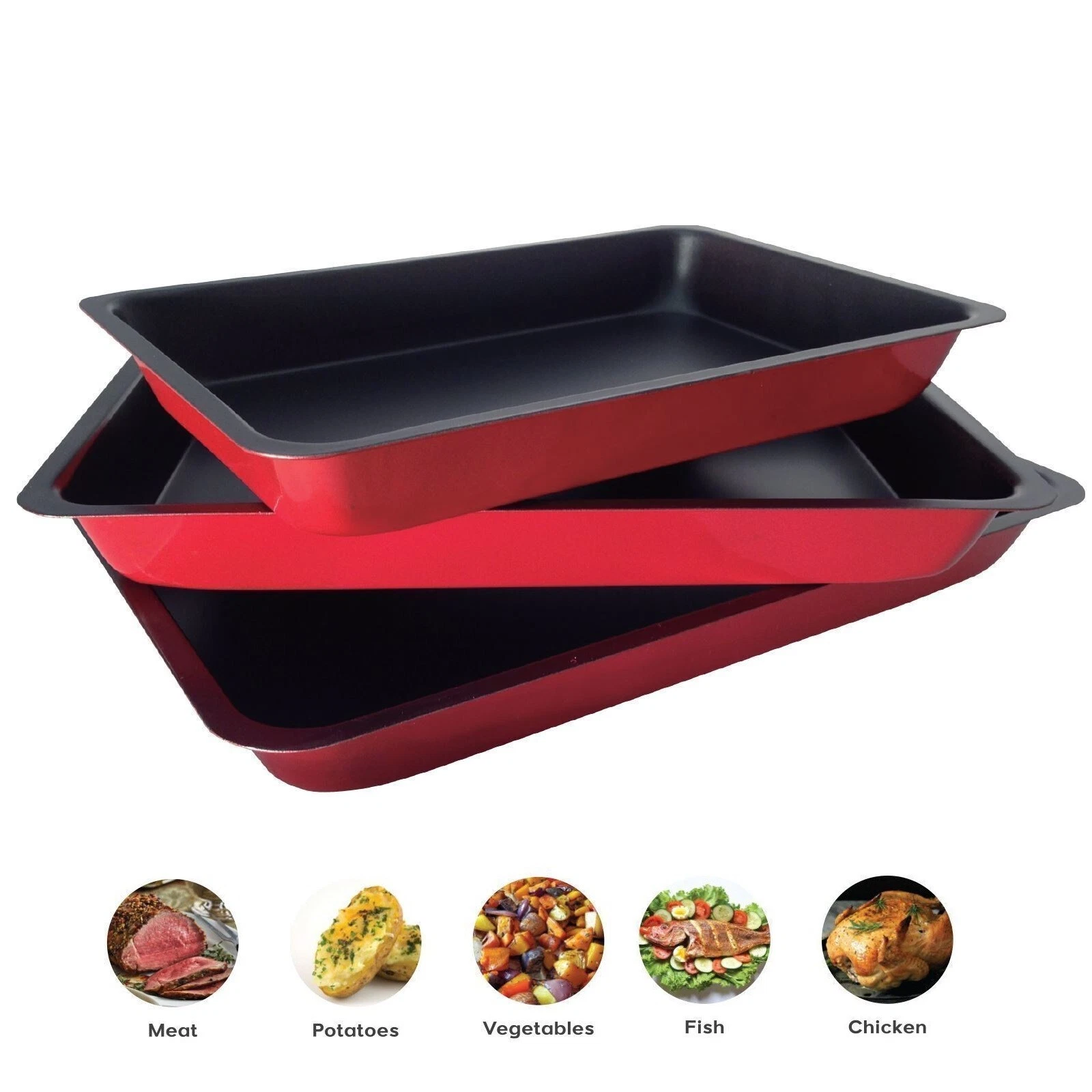 3Pcs Non Stick Baking Roasting Cooking Trays Set Oven Dish Bakeware Bake Pan UK