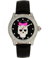 Betsy Johnson BLING Black Sugar Skull Crystal Watch EUC Leather - Needs Battery