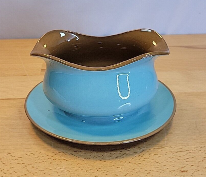 Vintage Sauce Bowl Gravy Boat Teal Aqua Brown MCM Oval with underplate