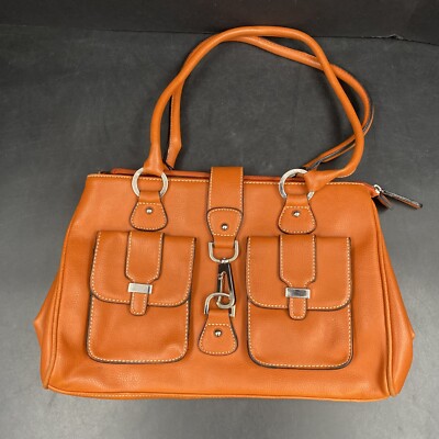 Brown Orange Vegan Leather Shoulder Bag Double Handle Handbag Purse Retro 