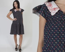 Vtg 70s A Line Novelty Umbrella Print Swiss Polka Dot White Collar Tent Dress