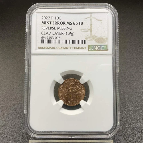 2022-P Missing Reverse Clad Layer 10c Roosevelt Dime Error Coin NGC GEM MS65 FB