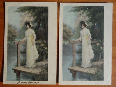 lot of 2 illustrated woman M. M. Vienne # 275 Christmas postcard +1 p/u 1909