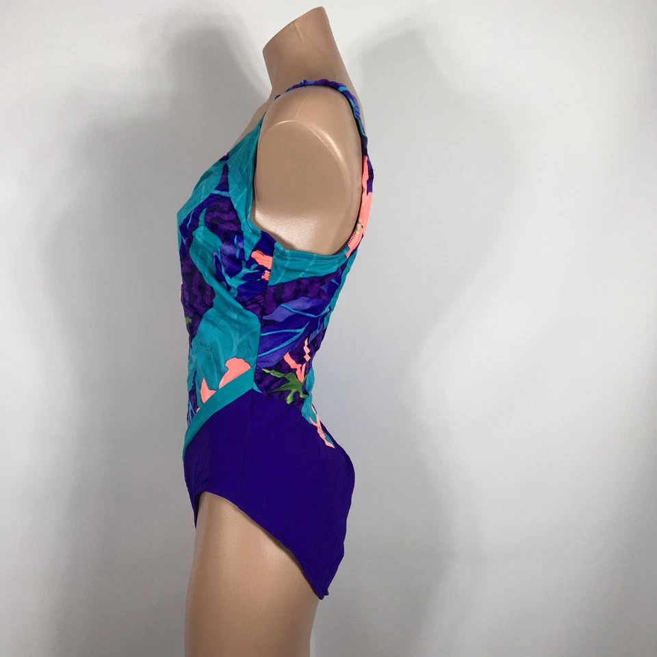 Traje de baño ajustado de una pieza de baño de colección años 80 floral neón floral sujetador incorporado talla 14 Foto 4 de 4