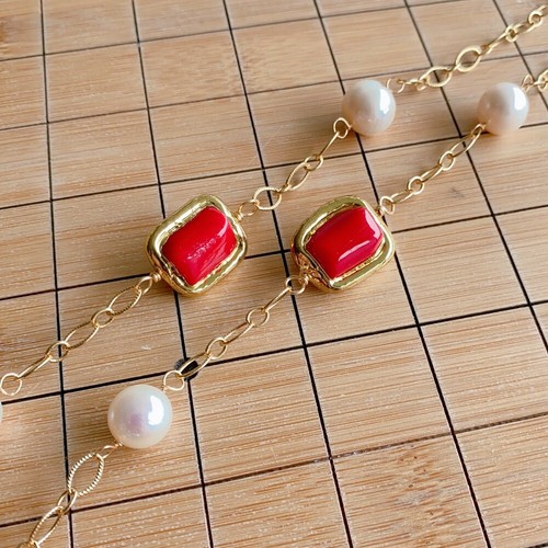 rectangle Red Coral Freshwater Cultured White Pearl Station Long Necklace 30" - Picture 6 of 6