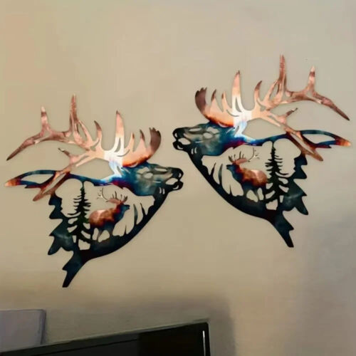 2Pcs Hanging Wall Art Decor Metal Home Decoration Forest Mountain Deer Decor - Picture 21 of 24