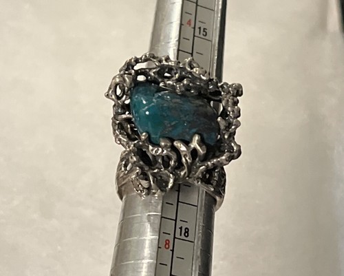 VINTAGE STERLING SILVER ISRAEL TURQUOISE BRUTALIST RING-Size 7 —14.26 Grams - Picture 4 of 12
