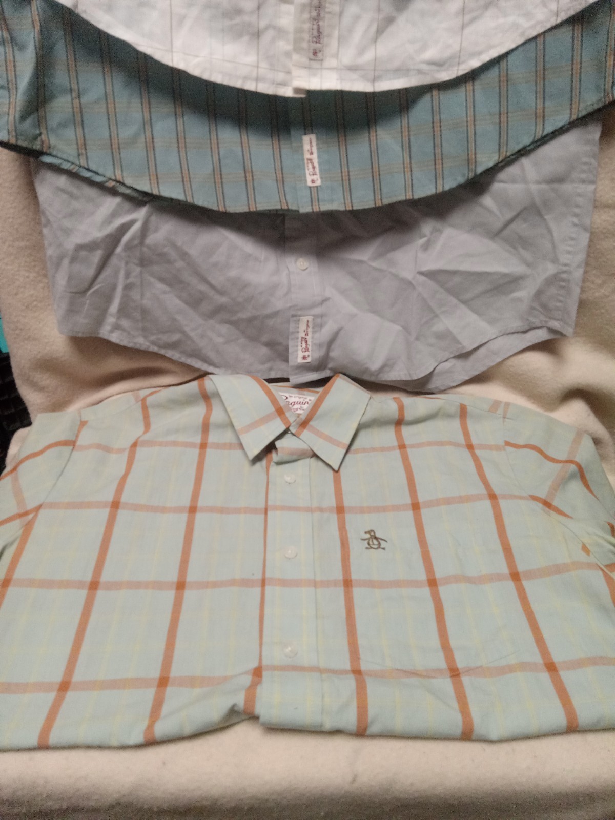 Penguin Mens Button Down Shirt Size M Blue Striped Linen Blend Short Sleeve Lot