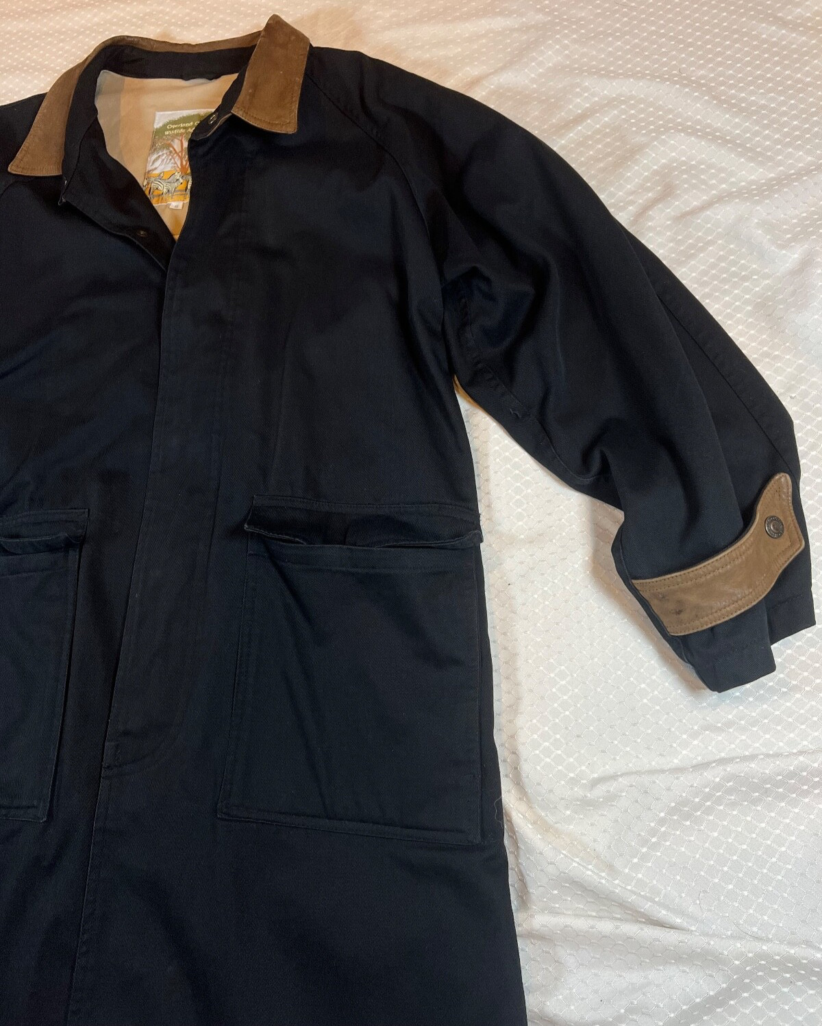 Mens S Vintage Overland Outfitters Long Trench Coat Black Leather Trims Button image 2