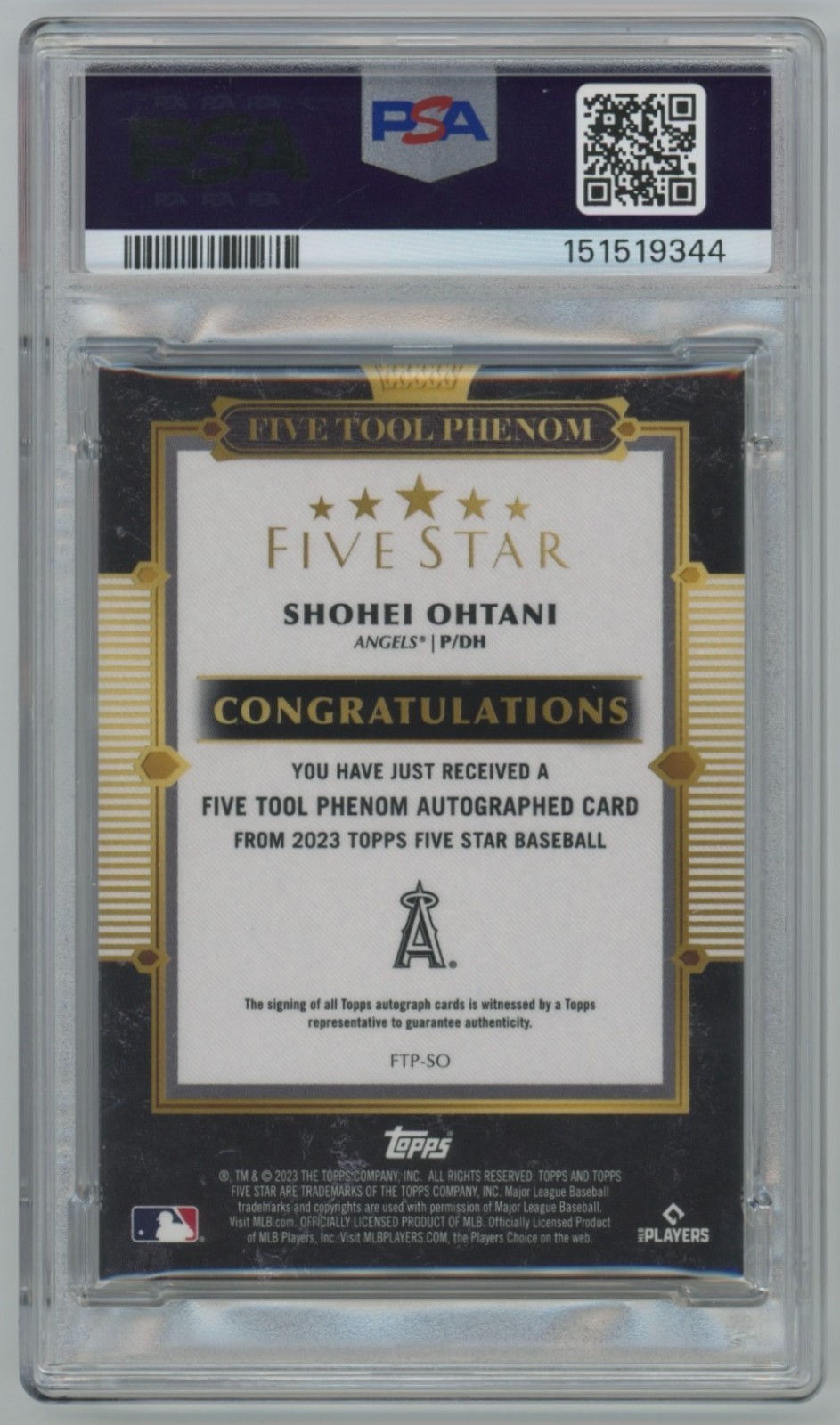 2023 Topps Five Star Five Tool Phenom Shohei Ohtani Auto #01/10 PSA 8 Autograph view 2