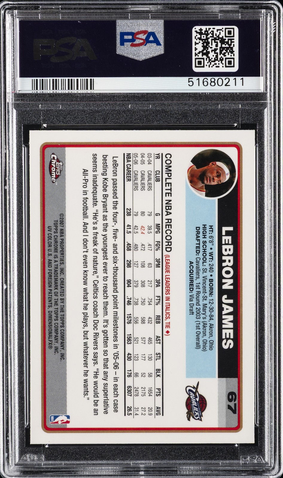 2006 TOPPS CHROME #67 LEBRON JAMES PSA 9 view 2