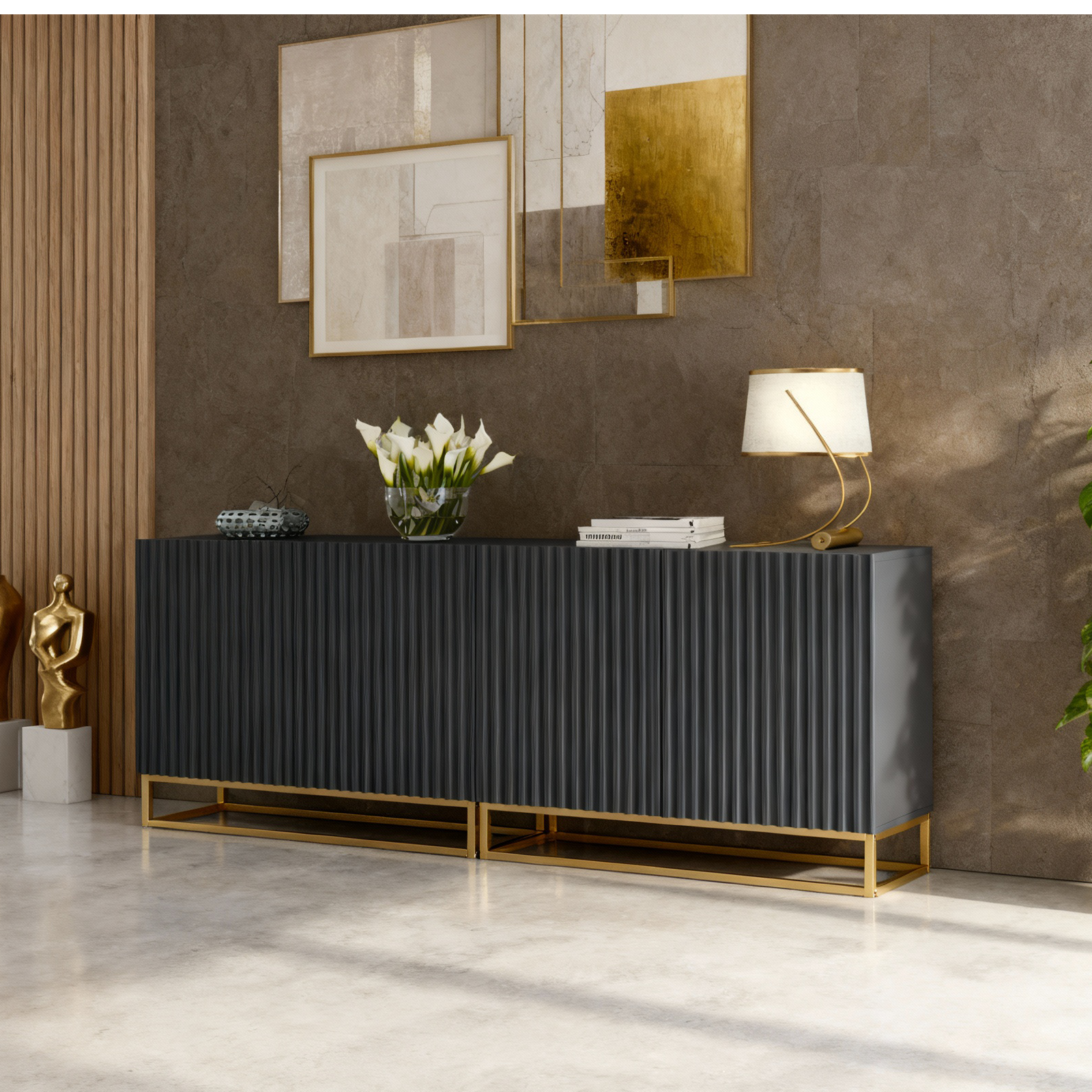TV Unit Sideboard TV Stand Cabinet Grey Reeded Gold Base Storage Unit 200cm