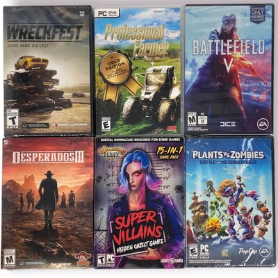 6 PC Games: Wreckfest, Battlefield V, Desperados, Plants vs Zombies - NEW Sealed