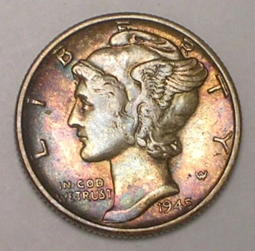 1945 Mercury Winged Head Dime 10 Cents Silver Coin XF Tone