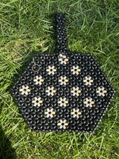 Vintage Retro Czechoslovakia Black Beaded Handbag pastel Floral Design