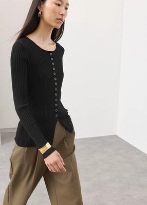Autogramm gerippter Rundhals Cardigan schwarz UK S Langarm Button Down UVP 65£
