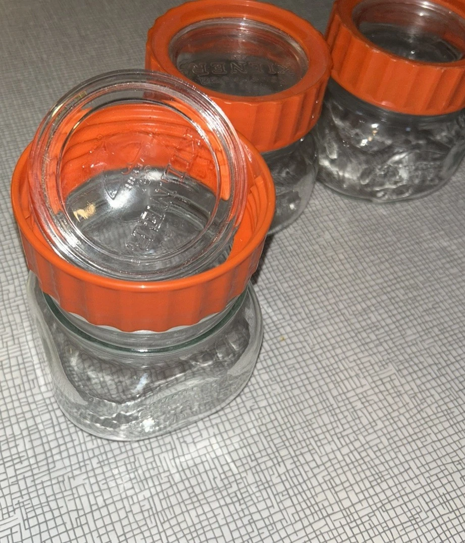 5 X 500ml Ravenhead Kilner Jars Orange Plastic Screw Lids and glass jars
