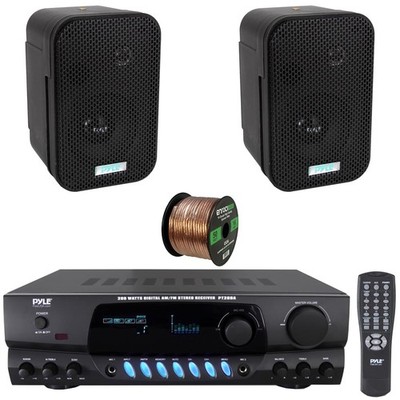 Pyle Digital Radio AM/FM Receiver, 2x 3.5'' 300W Indoor/Outdoor Speakers, Wire