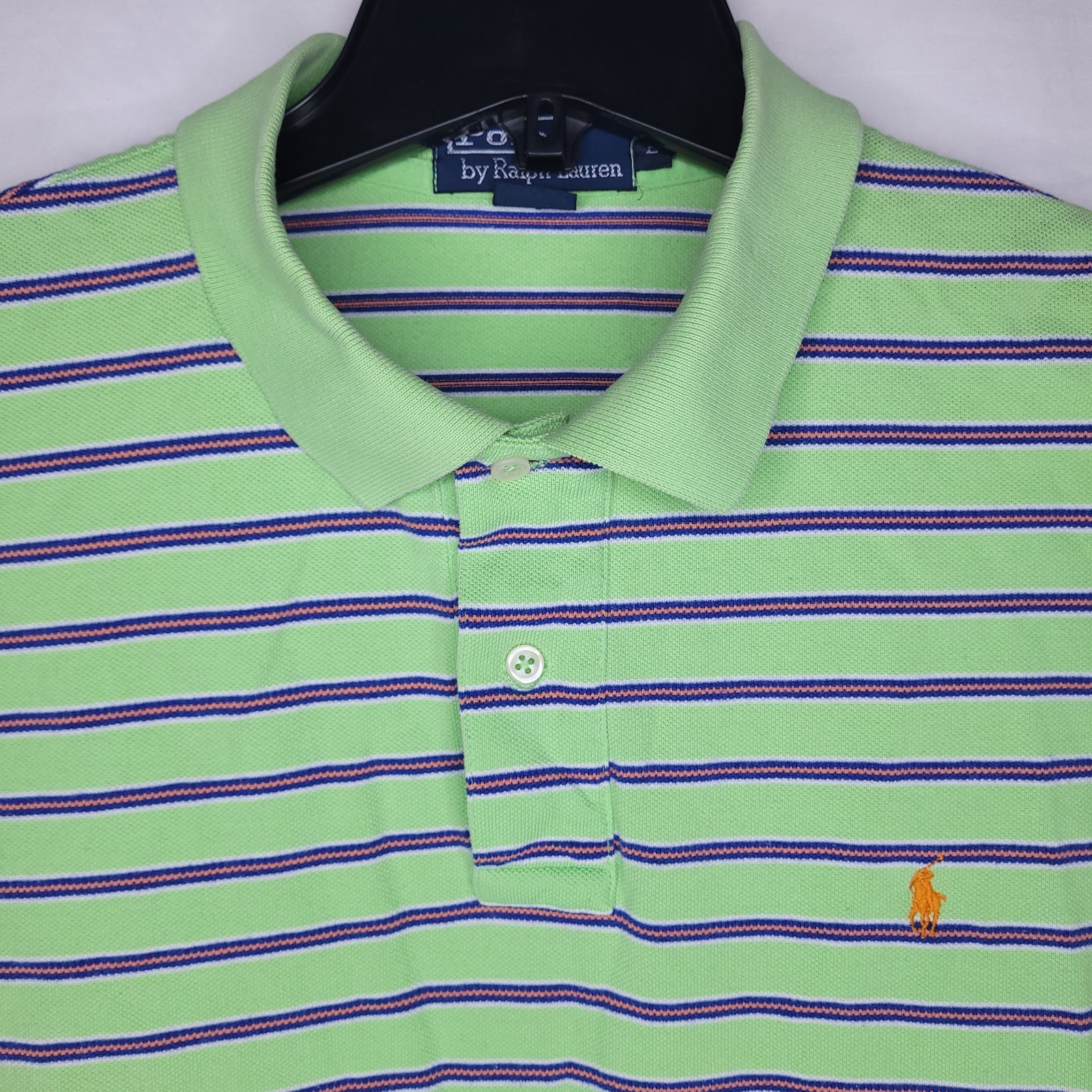Ralph Lauren Polo Shirt Mens Large Striped Green Orange Pony Cotton Vintage