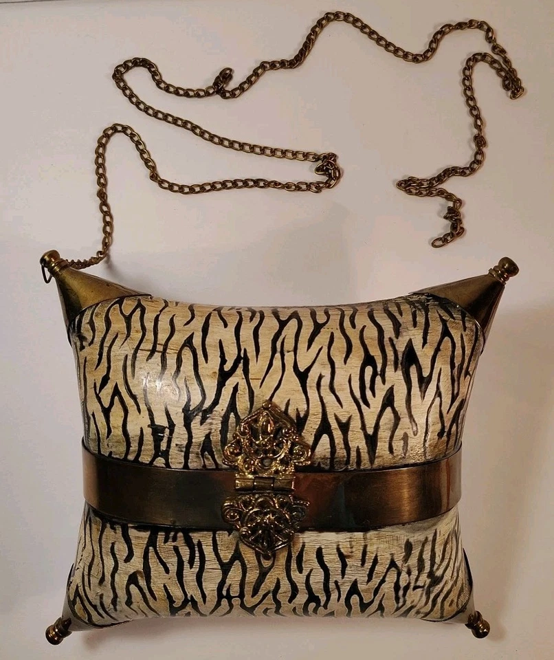 Vintage or Antique Brass/Copper Animal Print Pillow Purse Bag With Chain, Lined - Image 2 of 4