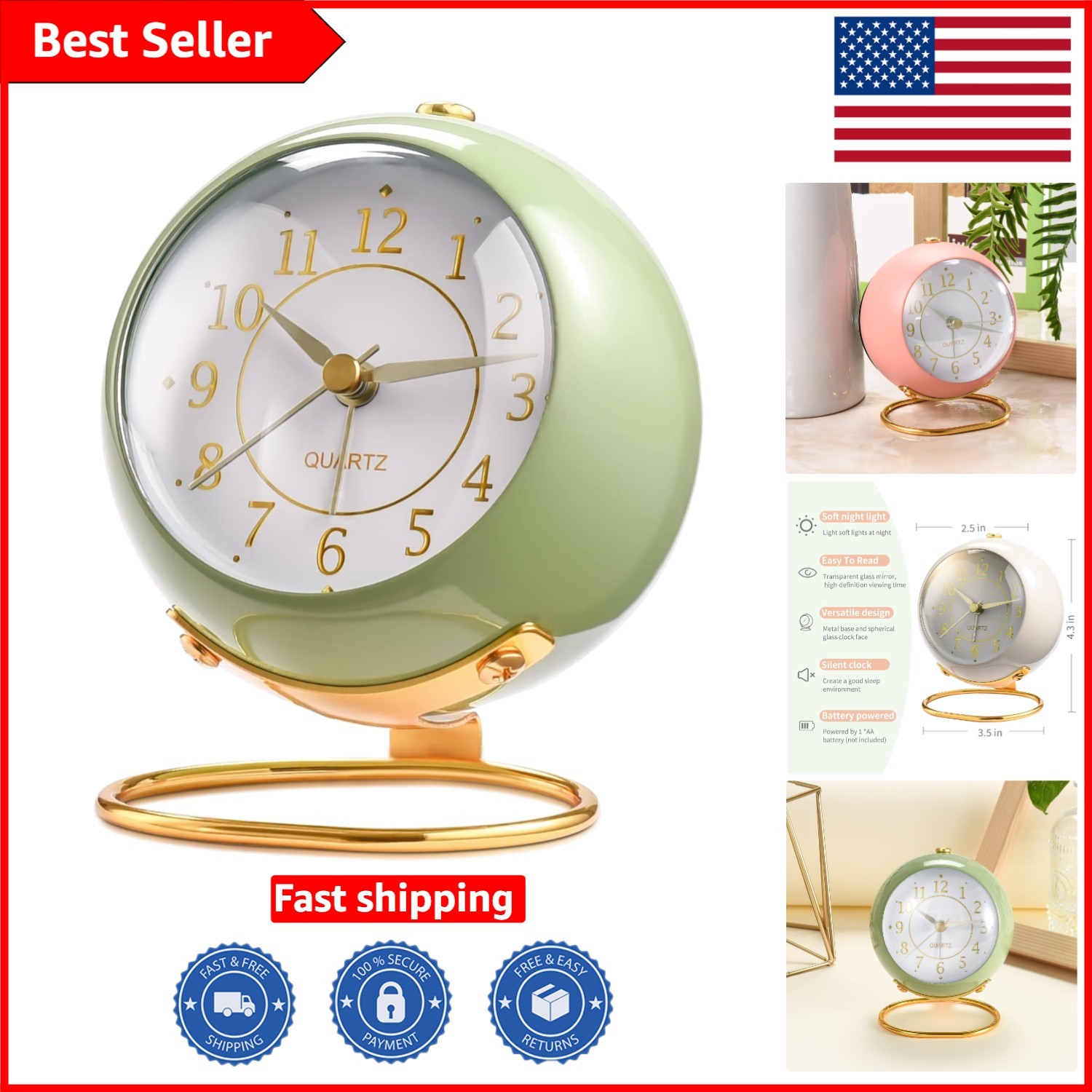 Elegant Green Retro Alarm Clock with Night Light - Silent Battery-Powered Design