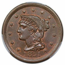 1851 Braided Hair Large Cent, N-2, PCGS MS64+BN CAC