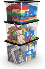 3x 80L Plastic Storage Clear Boxes with Black Lids Home Office Kitchen Stackable