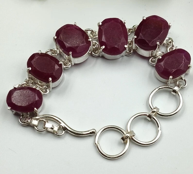 Natural Pink Ruby Gemstone 925 Sterling Silver Jewelry Bracelet Size 7-8" - Image 2 of 4