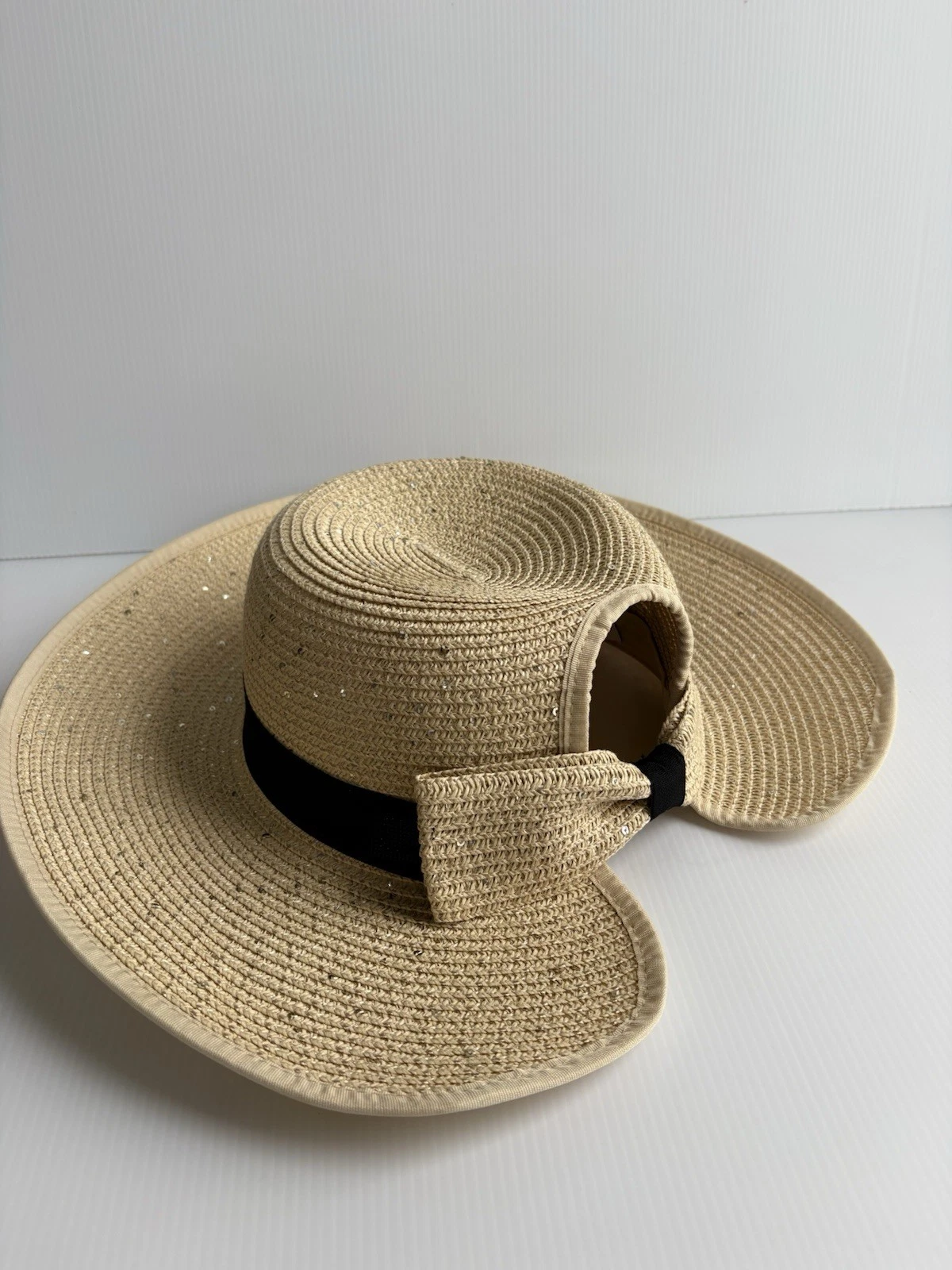 David and Young Sun Hat Ponyflo Paper Woven Packable Beach Hat W/Sequins NWOT