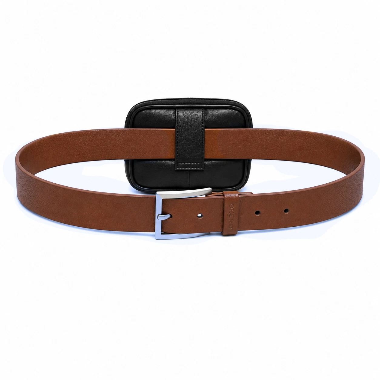 Men's black leather belt pouch worn view
