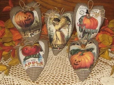 Fall Country 5 Appliqued Hearts Ornaments Bowl Fillers Vintage Look Halloween