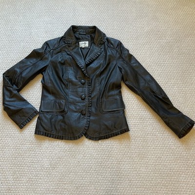 Scully Womens Brown Soft Leather Blazer Jacket Sz L Ruffle Trim Western Girly