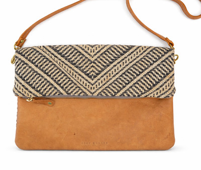 Ceri Hoover Leather Crossbody Clutch Camel Brown Woven Tapestry Boho Chic USA