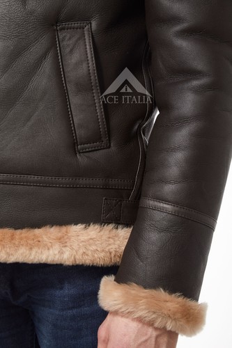 Men's B3 Brown Beige fur Bomber Sheepskin Shearling 100% Leather Jacket B3 - Picture 9 of 9