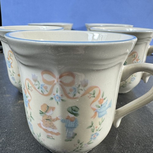Vtg 1990 Tienshan Stoneware Coffee Mugs 7pc Boy & Girl Country Heart 12oz Cups - Picture 3 of 12