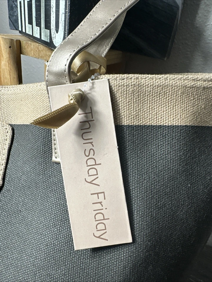 Thursday Friday Brown/Beige Canvas TurnLock Lined Tote Handbag New With Tags - Image 2 of 4