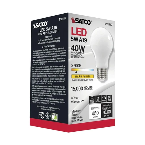 Satco S12412 - 5 Watt LED A19 Soft White LED Bulbs - 2700K - 120 Volt (6 pack) - Picture 4 of 6