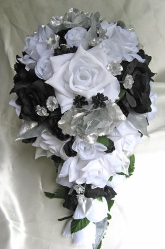 Wedding bouquet 17 piece package Bridal bouquets Silk flowers BLACK WHITE SILVER - Picture 1 of 7