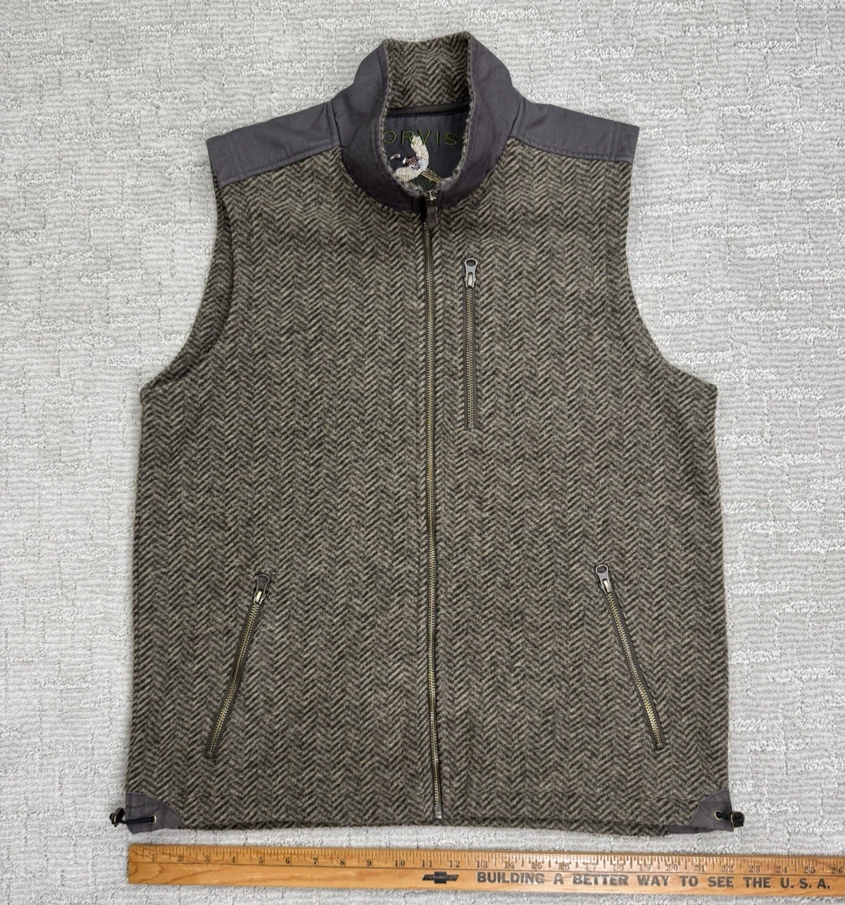 Orvis Vest Mens Medium Brown Herringbone Full Zip Fleece Outdoor Hunting Fishing