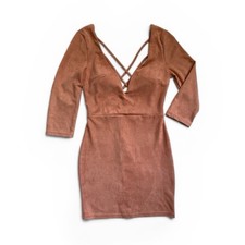 Brown Strappy V-Neck Bodycon Mini Dress 3/4 Sleeve Stretch Party