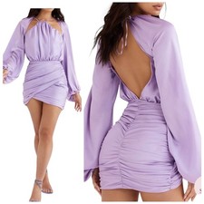 House of CB Kate Satin Wrap Mini Dress Lilac Open Back Size M NWT