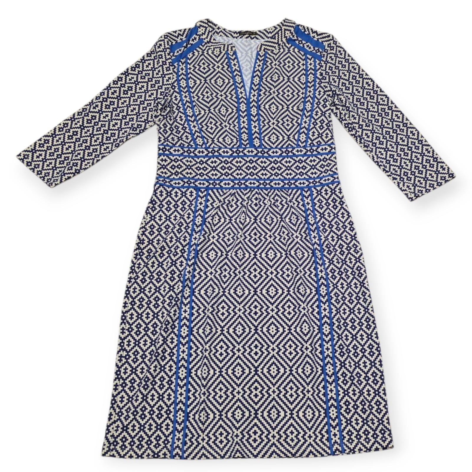 J. McLaughlin Navy & Cream Geometric 3/4 Sleeve Dress In Women's Size Medium.