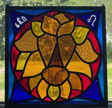 Handmade Leo Zodiac Stained Glass Panel 13" Lion Suncatcher Window Hanging Art