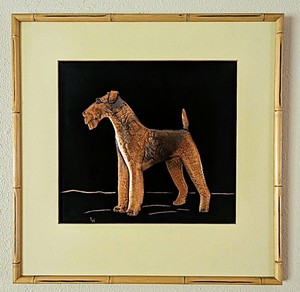 Vtg AIREDALE TERRIER Copper Relief~1952 Handmade Artisan Wall Hanging/Framed Art