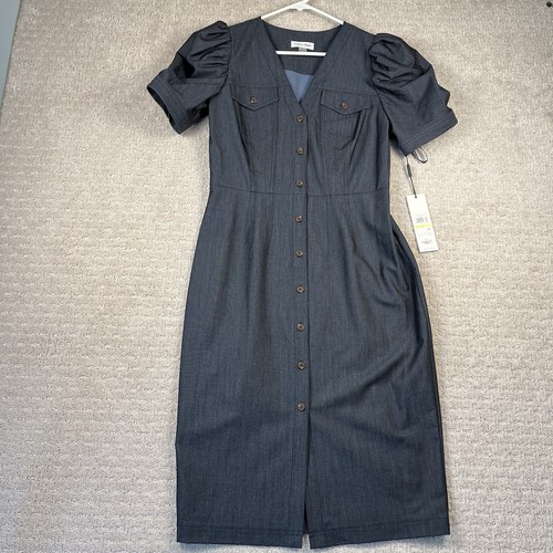Calvin Klein Dress Womens Size 4 Slate Blue Button Front Puff Short Sleeves New!