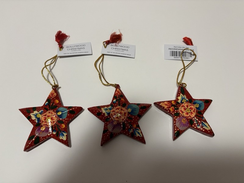 3 Hand Made Hand Painted Ornaments Red Indian Mini Star Bollywood Christmas