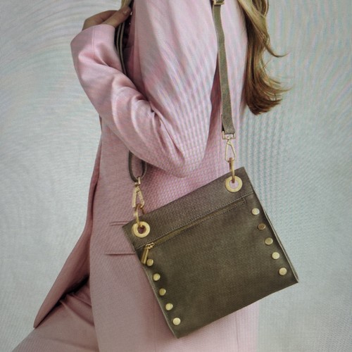 HAMMITT TONY MED Crossbody Bag Leather Pew/Gold w/Studded Strap Functional