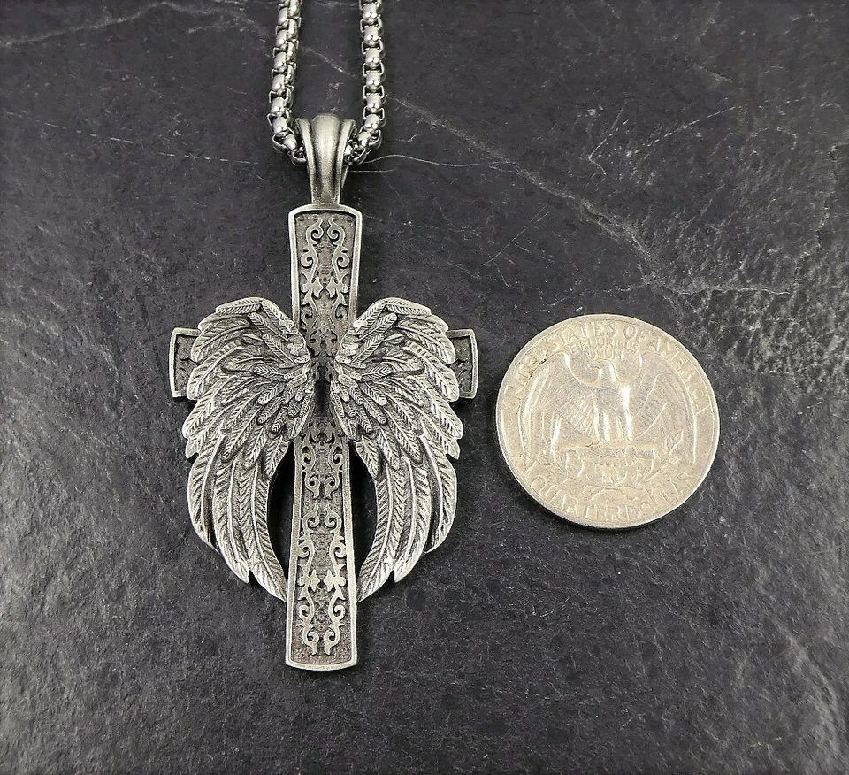 Antique Silver Tone Pewter Ornate Large Cross Angel Wings Pendant Men Necklace - Image 4 of 4