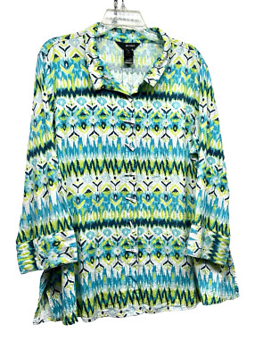 Ali Mile 1X Women's Button Up Multicolor Linen Blend Blouse Shirt Top (G4)