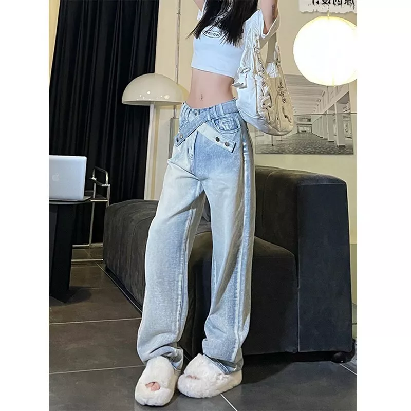 Women Denim Pants Jeans Trousers Wide Leg High Waist Retro Loose Straight  Full Length